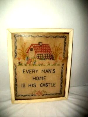 1920s LINEN SAMPLER MOTTO FOLK ART CREAMY CHIPPY FRAME ANTIQUE HANDMADE - Image 1 of 4