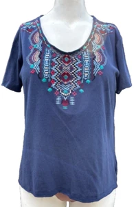 T-shirt Solutions ricamata top L blu navy maniche corte collo scoop era nativa azteca - Foto 1 di 13