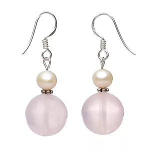 Orecchini Pendenti IN Quarzo Rosa & Perle D'Acqua Dolce & 925 Argento, Orecchini - Foto 1 di 4