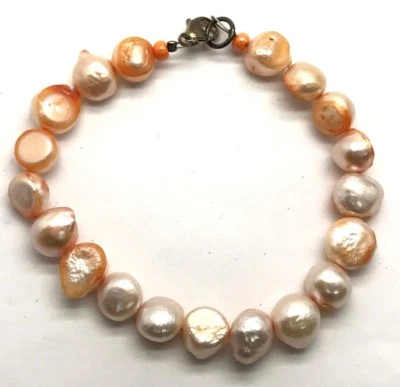 Pulseira de tênis vintage oxidada de prata esterlina feita à mão laranja pérola frisada - Imagem 1 de 4