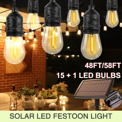 48/58FT Solar Outdoor Led Festoon String Lights 15+1 Bulbs Xmas Wedding 4 Modes  - image 1 of 4