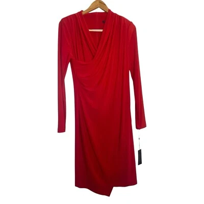 Tommy Hilfiger Red Size 12 Ruched Faux Wrap Midi Dress Long Sleeve Party Romance - Image 1 of 4