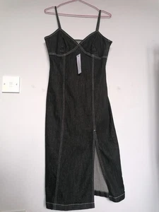 NWT Topshop Black denim midi dress with leg slit | Size UK 10 - Picture 1 of 10