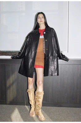 Jaqueta de couro encerada couro de cabra/retro casual lapela comprimento médio - Imagem 1 de 4