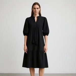 Blank Black Balloon Sleeve Tassel Tie Neck Split V-Neck Tiered Midi Dress Sz XS - Picture 1 of 7