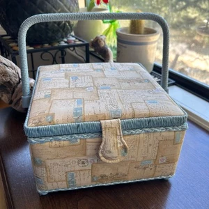 Vintage Wicker & Cloth Sewing Basket Blue cream letters Fabric Handle - Picture 1 of 12