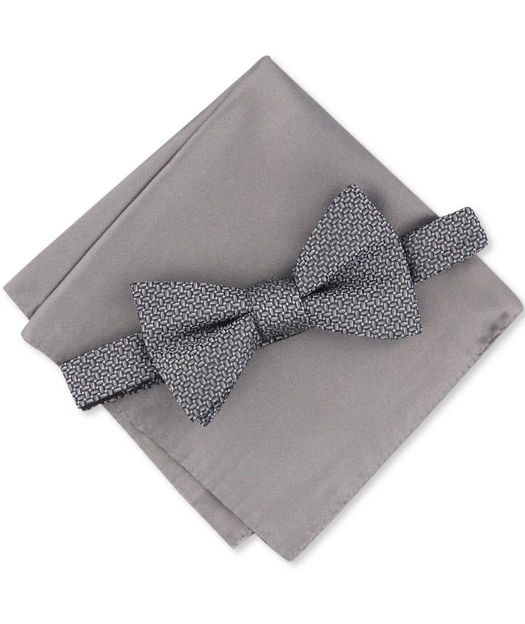 Alfani Mens 2 pc Pre-Tied Geo Bow Tie and Solid Pocket Square Set Charcoal OS - Image 1 of 1