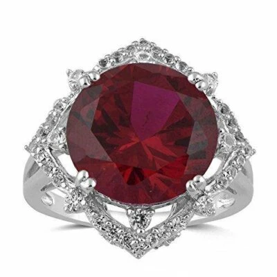 Deep Red Round Cut 14.32CT Ruby With Clear White CZ Flower Design Women's Ring - Image 1 of 4