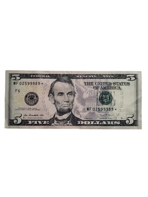 $5 Five Dollar Series 2013 Star Note - Cool Serial Number MF 02599989 SEE PICS - Image 1 of 4