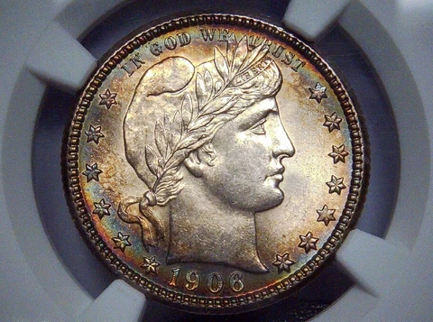 1906 Barber Quarter 25c - NGC MS63 - Dual Rainbow Toned - 100% Absolute Stunner Cover