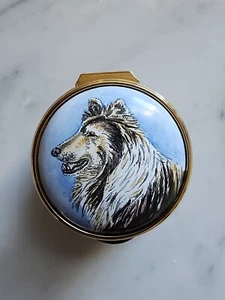 Exquisite Staffordshire Enamel Trinket Box Made in England Shetland Dog - Picture 1 of 7