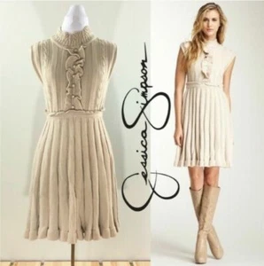 $128 Jessica Simpson Tan Beige Ruffle Sleeveless Pleated Sweater Dress S ~ M3020 - Picture 1 of 12