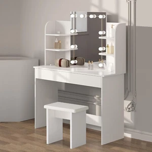 Schminktisch Frisiertisch Kosmetiktisch mit Hocker LED-Beleuchtung Spiegel Weiß - Bild 1 von 19