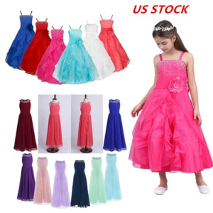 US Girls Kid Rhinestones Flower Dress Wedding Bridesmaid Pageant Party Ball Gown - Picture 1 of 74