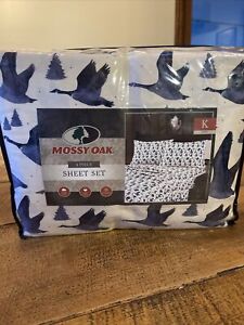 New Mossy Oak King Bed 4 Pc Sheet Set White Blue Ducks Tree Hunting Lodge Cabin