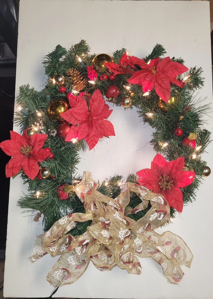 18" Artificial Christmas Wreath.  Pre- Lit, Poinsettia  Theme, Ribbon - Image 1 of 4