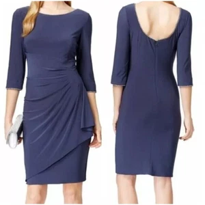 NWT-Alex Evenings Rhinestone Embellished Bateau Navy Jersey Dress Plus Size 18 - Picture 1 of 14