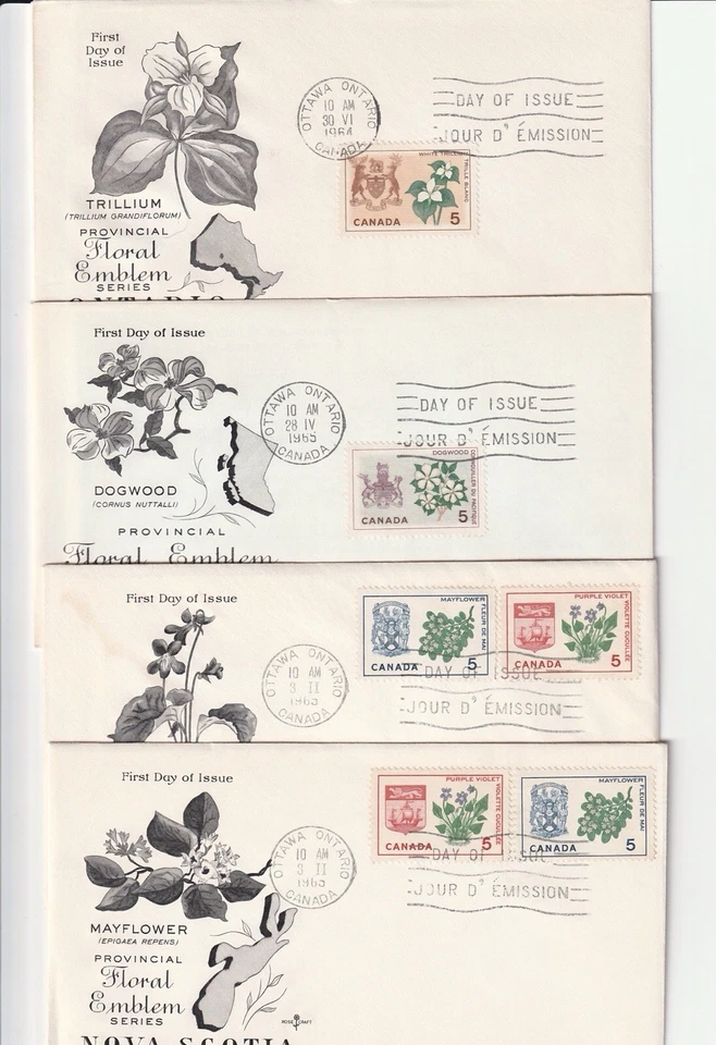 (4) TODAS LAS DIFERENTES FUNDAS CANADÁ PRIMER DÍA DE EMISIÓN DEL CONJUNTO FLORAL Foto 1 de 1