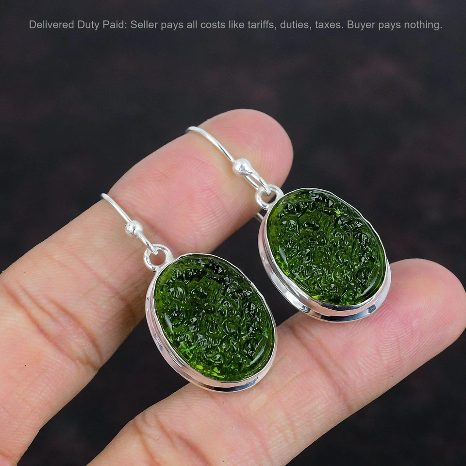 Oferta de San Valentín Pendientes Hermana Colgantes Moldavita Natural Plata 925 Joyería Foto 1 de 1