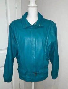 Vintage Suzelle Teal Leather Jacket Belted Moto Style Women’s L Hong Kong - Picture 1 of 24
