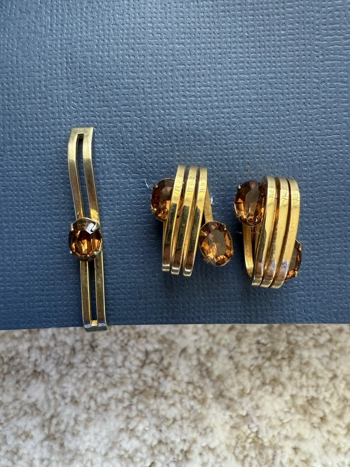 Винтажный Swank золотистый запонки и галстук застежка комплект с янтарными камнями - середины века - Изображение 1 из 4