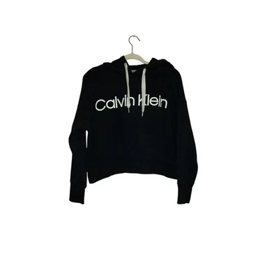 Calvin Klein black with white logo cropped comfy hoodie size large  - Image 1 of 4