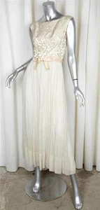 VINTAGE 1950's Cream Silk Chiffon Brocade Boatneck Bow Sleeveless Gown US 2 - Picture 1 of 3