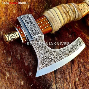 Tomahawk da combattimento in acciaio forgiato a mano D2, ascia, ascia incisa a mano integrale - Foto 1 di 3