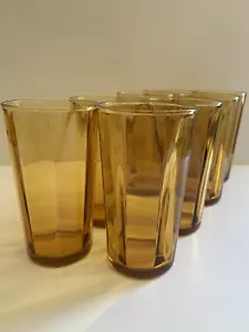 Vtg Amber Glasses Set 8 Paneled Optic 10 Ounce MCM Cocktail Barware 5” - Picture 1 of 12