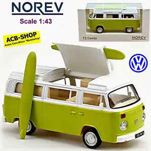 VW Volkswagen T2b Camper Van Westfalia + tavole da surf 1972-79 verde 1:43 Norev - Foto 1 di 5