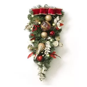 Pre-Lit Christmas Teardrop Swag for Decorating Outdoor, 24 Inch Red Gold - Picture 1 of 7