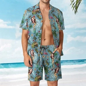 Conjunto Corto Camisa Hawaiana Personalizada de San Valentín, Caras Personalizadas Parejas Ropa de Playa - Imagen 1 de 4