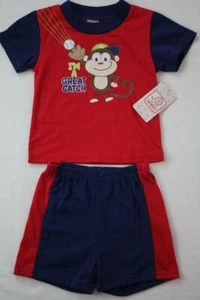 Boys 2 Piece Set Size 12 Months Outfit T Shirt Shorts Baseball Sports Monkey New - Picture 1 of 2