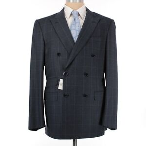 Caruso NWOT 100% Wool Double Breasted Suit Size 56R US 46 in Blues/Black Plaid