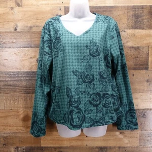 Coldwater Creek Fleece Top Size Medium - Teal Green with Black Rose Print - Soft - Picture 1 of 12
