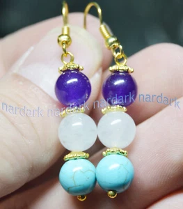 8mm Amethyst White Jade Turquoise Round Gemstone Gold Hook Dangle Earrings AA - Picture 1 of 4
