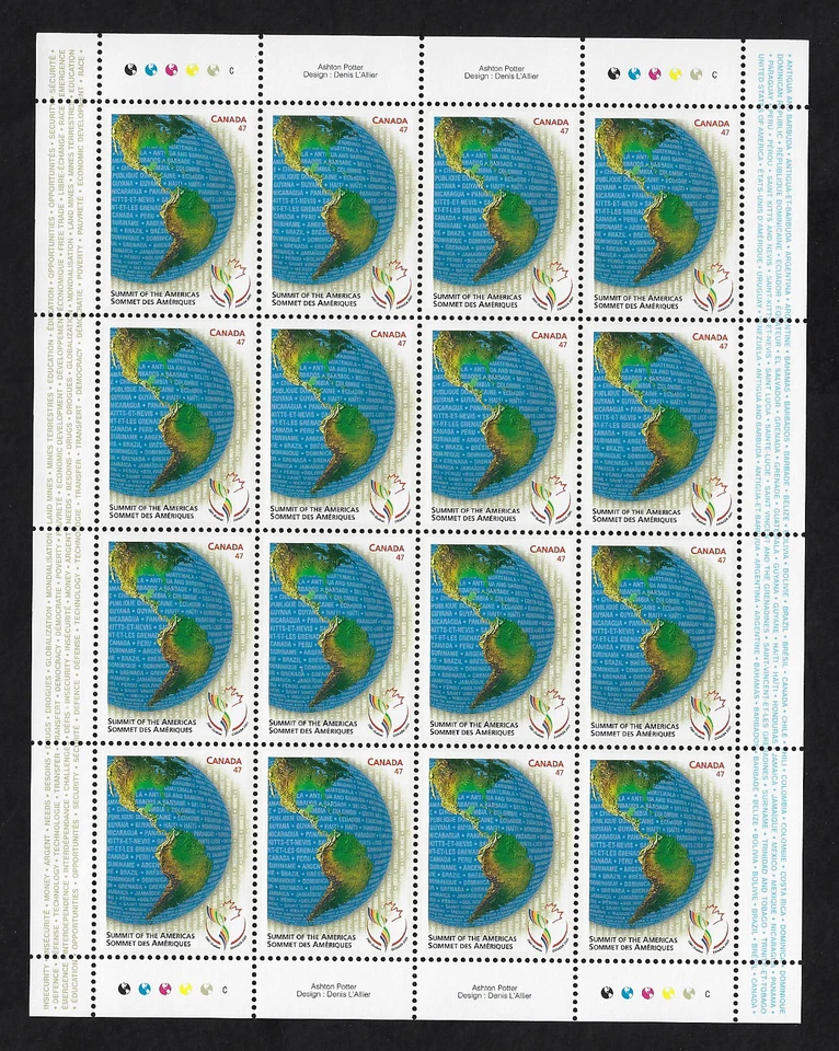 Canada stamps - Full Pane of 16 -Summit of the Americas #1902 - MNH - Image 1 of 1