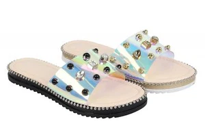 Sandalias de mula con deslizadores planos sin cordones diamante playa fiesta fiesta - Imagen 1 de 9