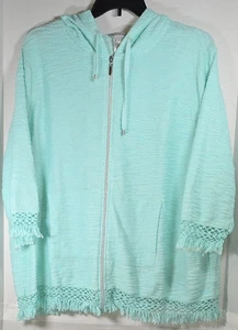 MULTIPLES Womens Aqua Blue Textured Full Zip Crochet Trim Hooded Cardigan 2X - Picture 1 of 9