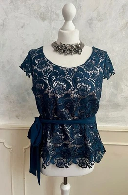 NEW+TAGS - JACQUES VERT Dark Blue Floral Lace Occasion Ribbon Belt Blouse Top 14 - Image 1 of 4