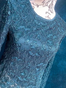 Vintage Blue Sequined Sparkly Lace Patterned Top with Sheer Sleeves Y2K Mermaid - Picture 1 of 5