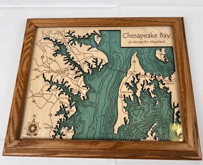 Mapa recortado de madera de Chesapeake Bay Annapolis Maryland enmarcado hecho a mano decoración de pared arte Foto 1 de 4