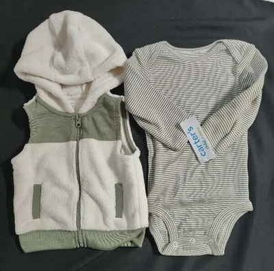 Carters Child Of Mine Baby Boy's 6-9 Months Olive Green Fleece Vest & Snap Shirt - Image 1 of 4