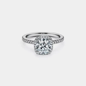 Platinum Plated Moissanite Halo Engagement Ring in 925 Sterling Silver - Picture 1 of 7