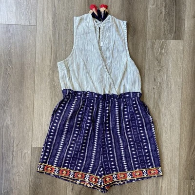 LAIA Anthropologie Romper Shorts Sz L White Blue Stripe 100% Cotton Pockets*Read - Image 1 of 4