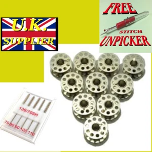 10 X METAL BOBBINS +NEEDLES FOR FRISTER & ROSSMANN SEWING M/C + FREE UNPICKER - Picture 1 of 2
