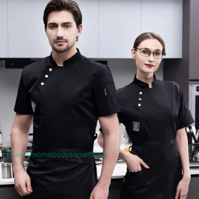 Unisex Men Women Chef Jacket Short Sleeve Summer Cook Coat Kitchen Uniform M-4XL - Image 1 of 4