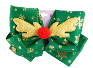 JoJo Siwa Girls Green Hair Bow with Glittery Gold Snowflakes and Reindeer Antler - Picture 1 of 3
