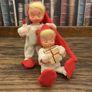 Vtg Japan TKR Jestia Sleeping Baby Christmas Ornament 2pc MCM 5” Wired Legs 1960 - Picture 1 of 9