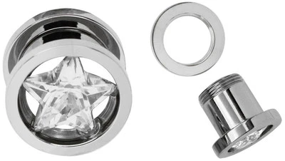 Orecchio Piercing Gioiello Flesh Tunnel Con Cristallo Stern Vite Da 6mm Acciaio - Immagine 1 di 2